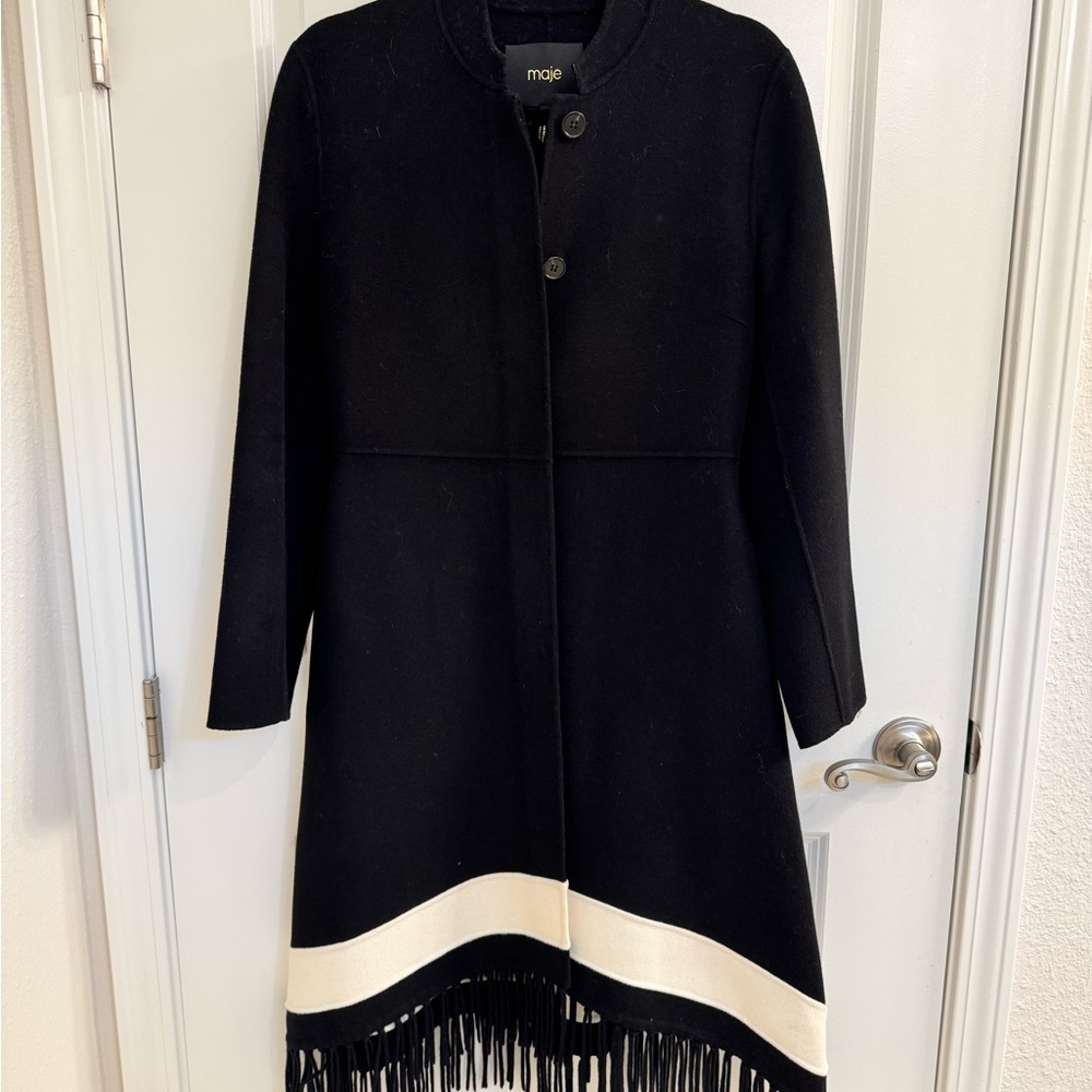 Maje Wool Black Coat with Fringe Hem Size 36 US 2-4 - Picture 4 of 5